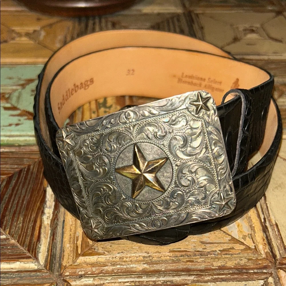 VOGT “Lone Ranger” sterling silver & 14K gold buckle on black alligator Belt